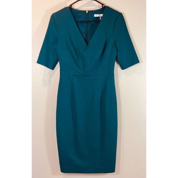 NWT Trina Turk Short Emerald Green Sleeve Fitted Sheath V-Neck Dress Women's 0 - Picture 1 of 9